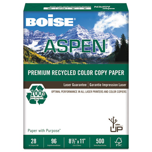 Boise® ASPEN Premium Recycled Paper, 96 Bright, 28lb, Letter, White, 500 Sheets