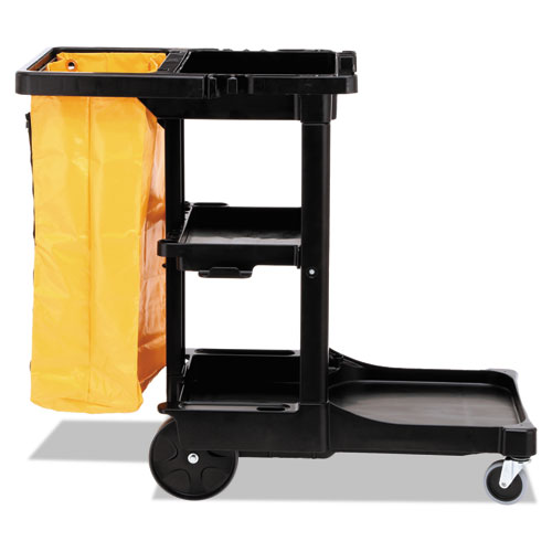 Image of Rubbermaid® Commercial Multi-Shelf Cleaning Cart, Plastic, 4 Shelves, 1 Bin, 20" X 45" X 38.25", Black