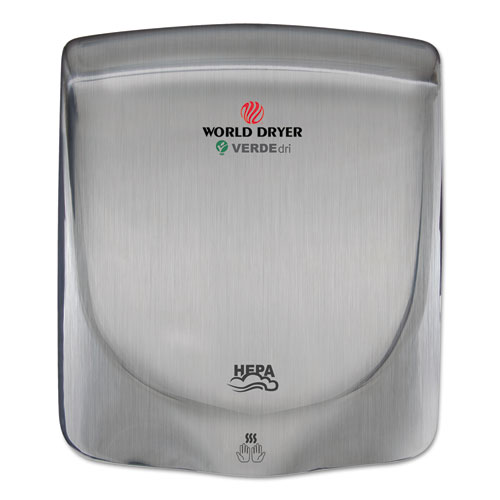 WORLD DRYER® VERDEdri Hand Dryer, 13.38 x 11.75 x 4, Stainless Steel, Brushed