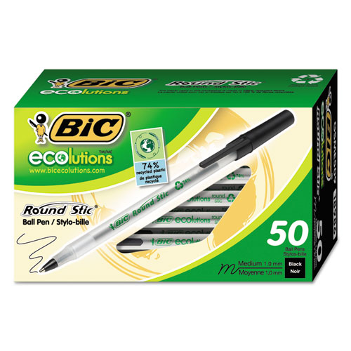 ECOLUTIONS ROUND STIC STICK BALLPOINT PEN VALUE PACK, 1MM, BLACK INK, CLEAR BARREL, 50/PACK
