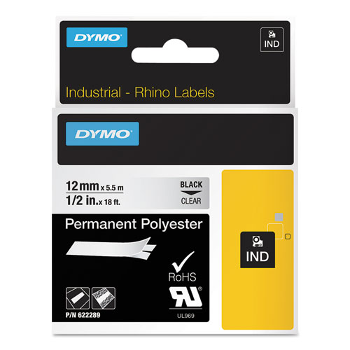 Image of Dymo® Rhino Permanent Vinyl Industrial Label Tape, 0.5" X 18 Ft, Clear/Black Print