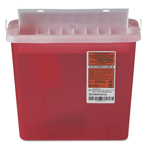 Sharps Container for Patient Room, Plastic, 5 qt, Rectangular, Red
