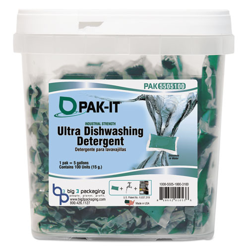 PAK-IT® Ultra Dish Detergent, Lemon Scent, 100 Paks/Tub