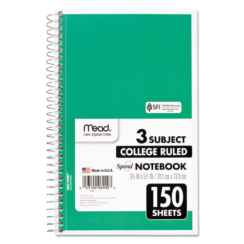 Image of Spiral Notebook, 3 Subject, Medium/College Rule, Randomly Assorted Covers, 9.5 x 5.5, 150 Sheets