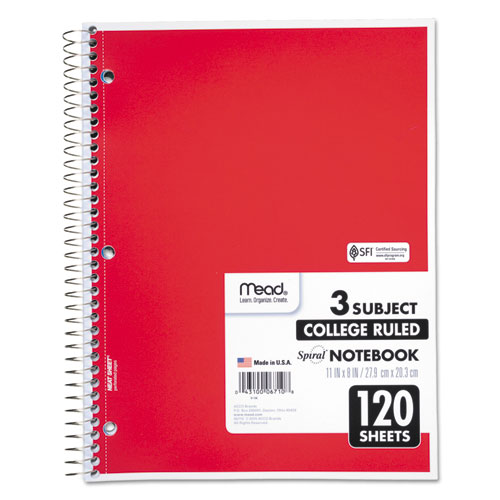 Image of Mead® Spiral Notebook, 3-Subject, Medium/College Rule, Randomly Assorted Cover Color, (120) 11 X 8 Sheets