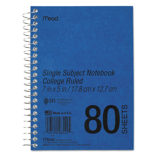 DURAPRESS COVER NOTEBOOK, 1 SUBJECT, MEDIUM/COLLEGE RULE, BLUE COVER, 7 X 5, 80 SHEETS