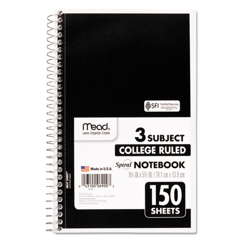 Image of Mead® Spiral Notebook, 3-Subject, Medium/College Rule, Randomly Assorted Cover Color, (150) 9.5 X 5.5 Sheets