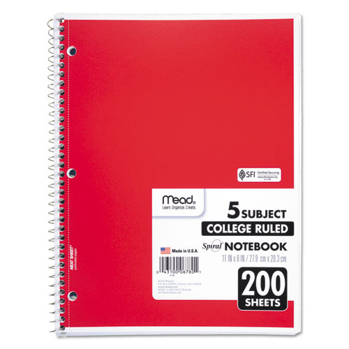 Spiral Notebook, 5-Subject, Medium/College Rule, Randomly Assorted Cover Color, (200) 11 x 8 Sheets