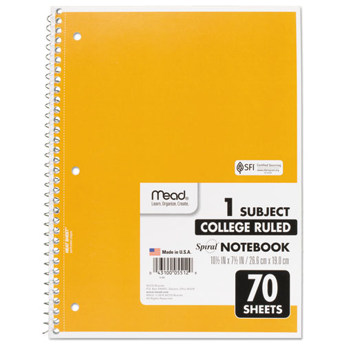 Spiral Notebook, 3-Hole Punched, 1-Subject, Medium/College Rule, Randomly Assorted Cover Color, (70) 10.5 x 7.5 Sheets