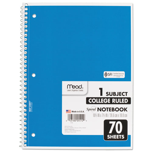 Image of Mead® Spiral Notebook, 3-Hole Punched, 1-Subject, Medium/College Rule, Randomly Assorted Cover Color, (70) 10.5 X 7.5 Sheets
