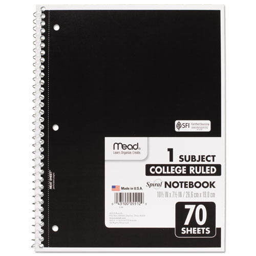 Mead® Spiral Notebook, 3-Hole Punched, 1-Subject, Medium/College Rule, Randomly Assorted Cover Color, (70) 10.5 X 7.5 Sheets