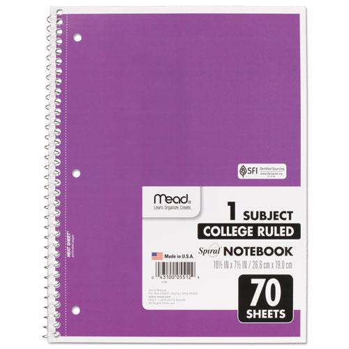 Image of Spiral Notebook, 3-Hole Punched, 1 Subject, Medium/College Rule, Randomly Assorted Covers, 10.5 x 7.5, 70 Sheets