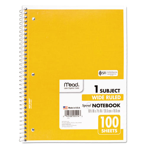 Image of Spiral Notebook, 3-Hole Punched, 1 Subject, Wide/Legal Rule, Randomly Assorted Covers, 10.5 x 7.5, 100 Sheets