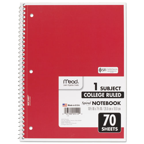 Image of Mead® Spiral Notebook, 3-Hole Punched, 1-Subject, Medium/College Rule, Randomly Assorted Cover Color, (70) 10.5 X 7.5 Sheets