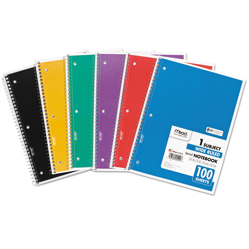 Mead® Spiral Notebook, 3-Hole Punched, 1-Subject, Wide/Legal Rule, Randomly Assorted Cover Color, (100) 10.5 X 7.5 Sheets