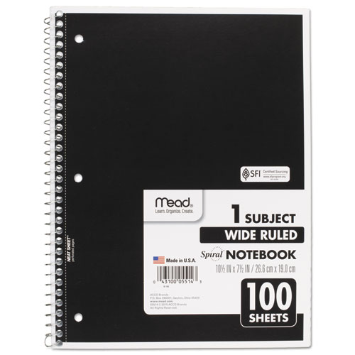 Image of Mead® Spiral Notebook, 3-Hole Punched, 1-Subject, Wide/Legal Rule, Randomly Assorted Cover Color, (100) 10.5 X 7.5 Sheets
