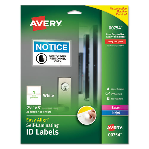 Avery® Easy Align Self-Laminating ID Labels, Laser/Inkjet, 5 x 7 1/2, White, 25/PK