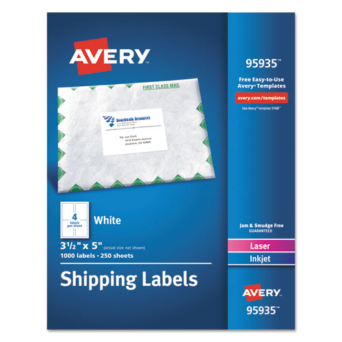 White Shipping Labels-Bulk Packs, Inkjet/Laser Printers, 3.5 x 5, White, 4/Sheet, 250 Sheets/Box