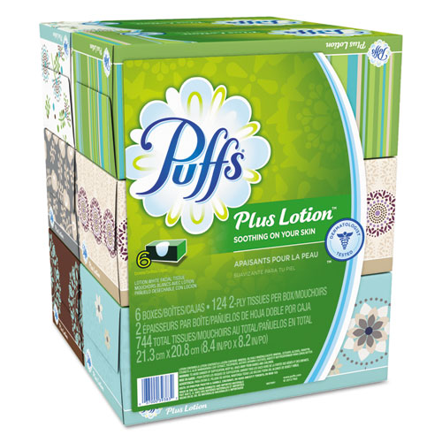 Puffs® Plus Lotion Facial Tissue, White, 2-Ply, 8 1/5x8 2/5, 124/Box, 6Bx/Pk, 4Pk/Ctn