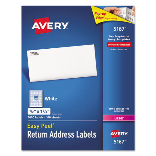 Avery® Easy Peel Return Address Labels, Laser, 1/2 x 1 3/4, White, 8000/Box