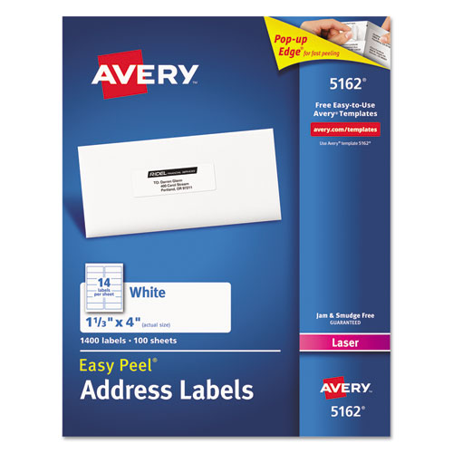 Avery® Easy Peel Mailing Address Labels, Laser, 1 1/3 x 4, White, 1400/Box