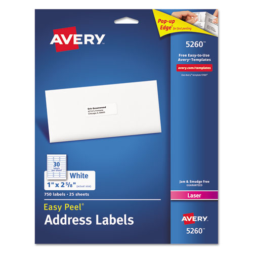 Avery® Easy Peel Mailing Address Labels, Laser, 1 x 2 5/8, White, 750/Pack
