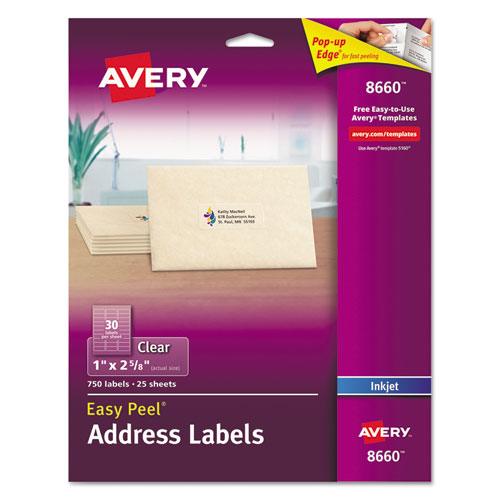 Image of Matte Clear Easy Peel Mailing Labels w/ Sure Feed Technology, Inkjet Printers, 1 x 2.63, Clear, 30/Sheet, 25 Sheets/Pack
