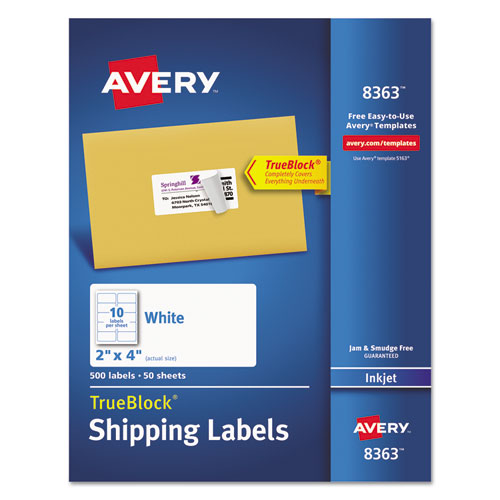 Avery® Shipping Labels w/ TrueBlock Technology, Inkjet Printers, 2 x 4, White, 10/Sheet, 50 Sheets/Box