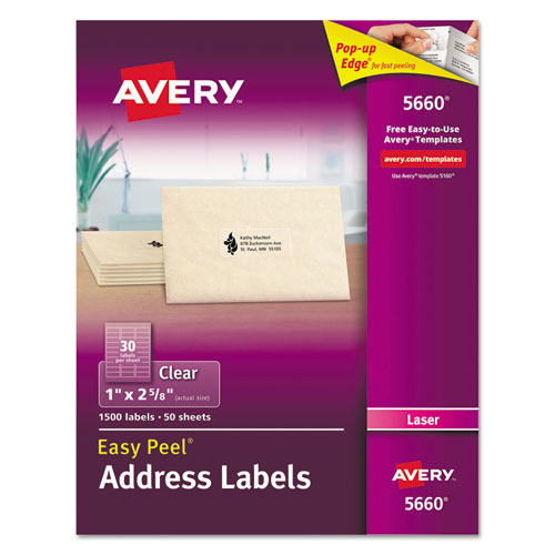 Image of Matte Clear Easy Peel Mailing Labels w/ Sure Feed Technology, Laser Printers, 1 x 2.63, Clear, 30/Sheet, 50 Sheets/Box