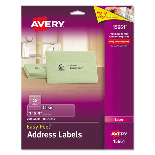 Matte Clear Easy Peel Mailing Labels w/ Sure Feed Technology, Laser Printers, 1 x 4, Clear, 20/Sheet, 10 Sheets/Pack