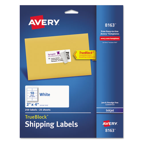 Avery® Shipping Labels with TrueBlock Technology, Inkjet, 2 x 4, White, 250/Pack