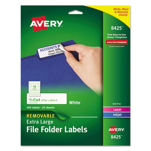 Image of Removable File Folder Labels with Sure Feed Technology, 0.94 x 3.44, White, 18/Sheet, 25 Sheets/Pack