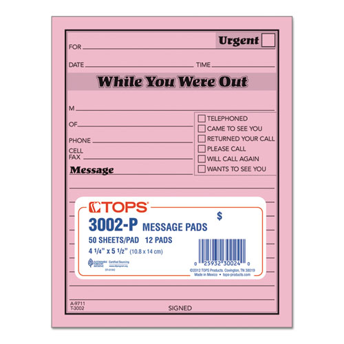 Image of Tops™ Pink Message Pad, One-Part (No Copies), 4.25 X 5.5, 50 Forms/Pad, 12 Pads/Pack