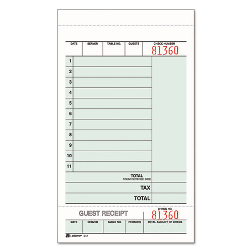 Adams® Guest Check Unit Set, Two-Part Carbonless, 6.75 X 4.25, 50 Forms/Pad, 5 Pads/Pack