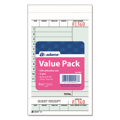 Image of Adams® Guest Check Unit Set, Two-Part Carbonless, 6.75 X 4.25, 50 Forms/Pad, 5 Pads/Pack