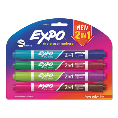 Expo® 2-In-1 Dry Erase Markers, Fine/Broad Chisel Tips, Assorted Secondary Colors, 4/Pack