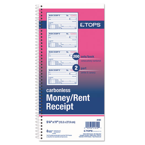 TOPS 4161 Money/Rent Receipt Spiral Book, 23/4 x 4 3/4, 2Part