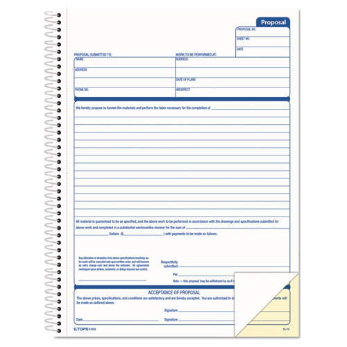 Image of Tops™ Spiralbound Proposal Form Book, Two-Part Carbonless, 11 X 8.5, 50 Forms Total