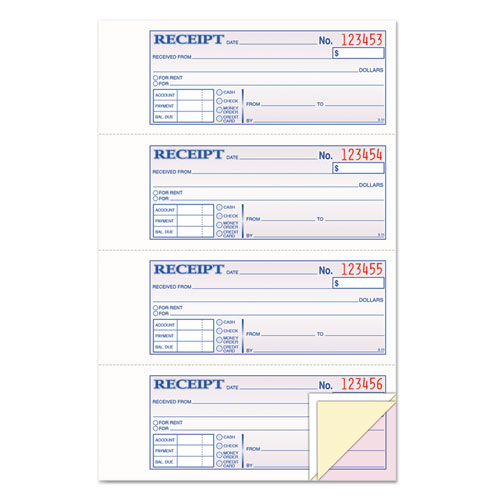 Tops™ Money And Rent Receipt Book, Account + Payment Sections, Three-Part Carbonless, 7.13 X 2.75, 4 Forms/Sheet, 100 Forms Total