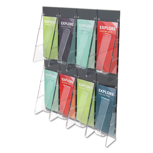 Image of Stand-Tall 8-Bin Wall-Mount Literature Rack, Leaflet, 18.25w x 3.38d x 23.75h, Clear/Black