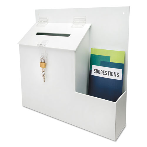 deflecto® Plastic Suggestion Box with Locking Top, 13 3/4 x 3 5/8 x 13 15/16, White