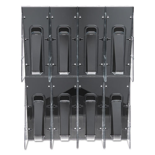 Image of Stand-Tall 8-Bin Wall-Mount Literature Rack, Leaflet, 18.25w x 3.38d x 23.75h, Clear/Black