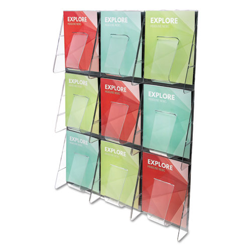 Image of Deflecto® Stand-Tall 9-Bin Wall-Mount Literature Rack, Mag, 27.5W X 3.38D X 35.63H, Clear/Black