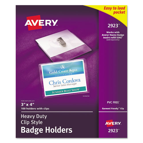 Avery® Heavy-Duty Clip-Style Badge Holders, Horizontal, 4 X 3, Clear, 100/Box