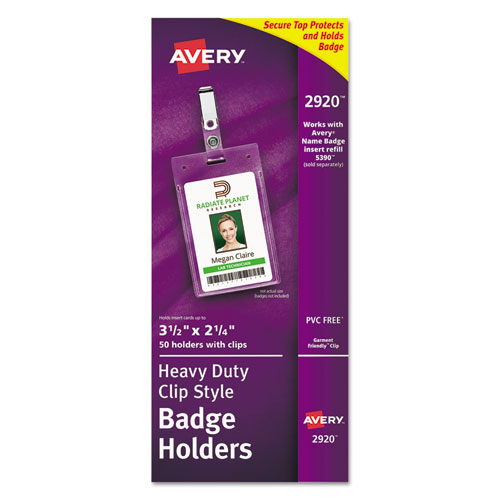 Avery® Secure Top Clip-Style Badge Holders, Vertical, 2 1/4 x 3 1/2, Clear, 50/Box
