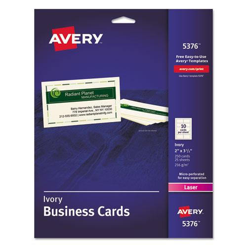 Printable Microperforated Business Cards w/Sure Feed Technology, Laser, 2 x 3.5, Ivory, 250 Cards, 10/Sheet, 25 Sheets/Pack