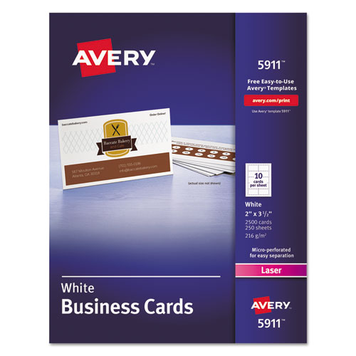 Image of Printable Microperforated Business Cards w/Sure Feed Technology, Laser, 2 x 3.5, White, 2,500 Cards, 10/Sheet, 250 Sheets/Box