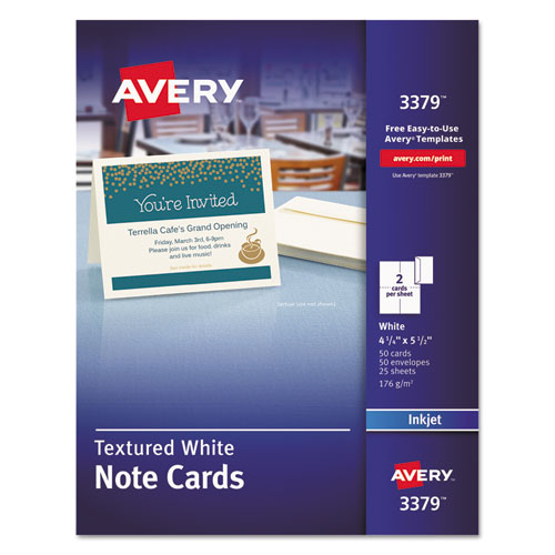 Avery® Note Cards With Matching Envelopes, Inkjet, 65Lb, 4.25 X 5.5, Textured Uncoated White, 50 Cards, 2 Cards/Sheet, 25 Sheets/Box