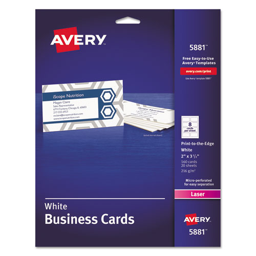 Avery® Print-to-the-Edge Microperf Business Cards, Color Laser, 2 x 3 1/2, Wht, 160/Pk