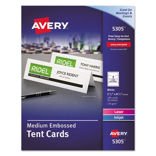 Avery® Medium Embossed Tent Cards, White, 2.5 X 8.5, 2 Cards/Sheet, 50 Sheets/Box